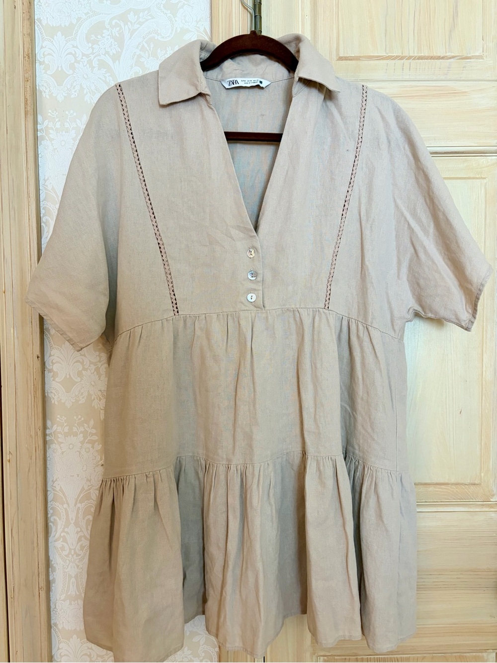 Zara Beige Tiered Button-Front Mini Dress